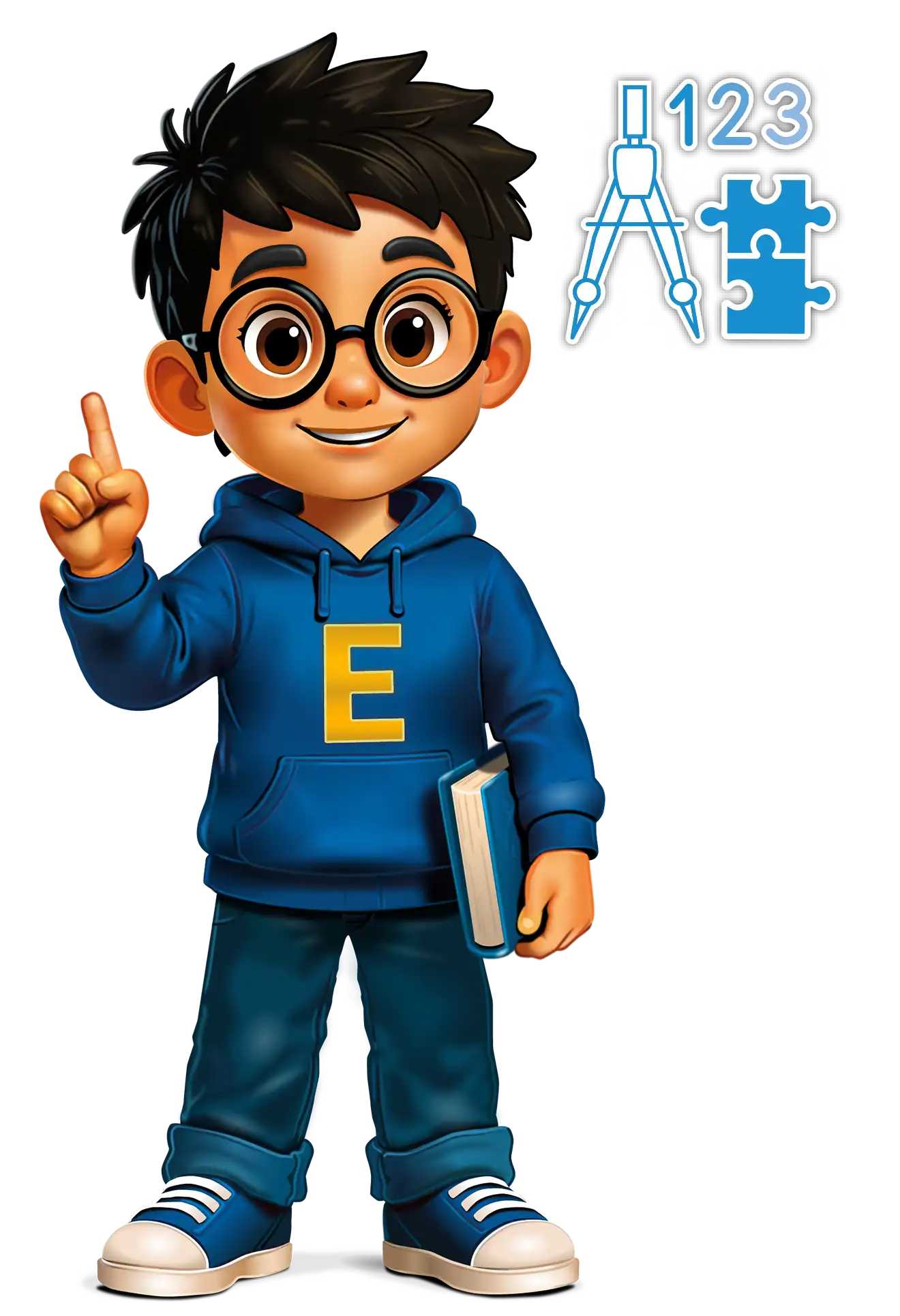 Figur Emil von Kidsworld mit Buch, Zeigefinger und Zirkel mit Puzzle Piktogramm Figur Emil von Pierraa Kidsworld hebt Zeigefinger, mit Buch in der Hand und Zirkel mit Puzzle Piktogramm