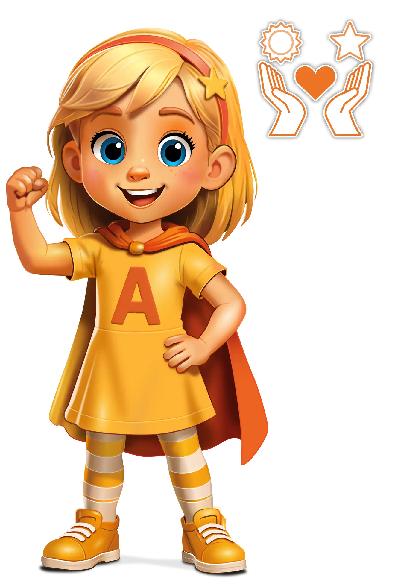 Figur Alma von Kidsworld mit Herz, Stern, Sonne und Hand Piktogramm. Figur Alma von Kidsworld mit Herz, Stern, Sonne und Hand Piktogramm.