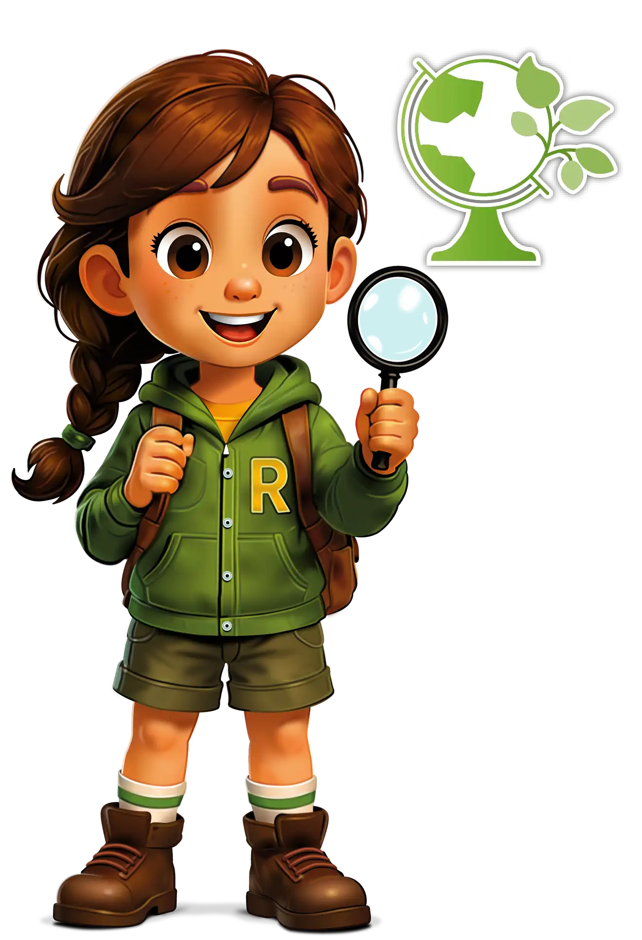 Figur Ronja von Kidsworld mit Lupe und Blätter Globus Piktogramm Figur Ronja von Kidsworld mit Lupe und Blätter Globus Piktogramm
