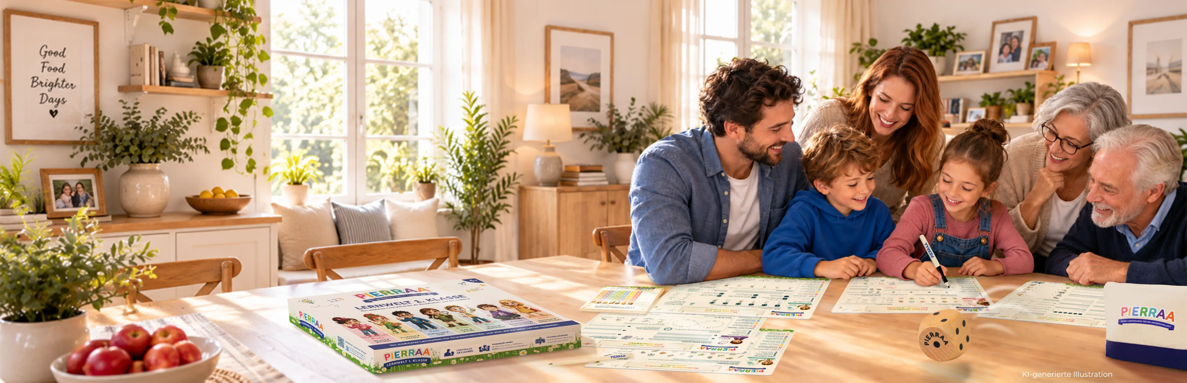 Familie beim gemeinsamen Lernen mit dem Pierraa Lernboard und der Lernwelt für die Grundschule