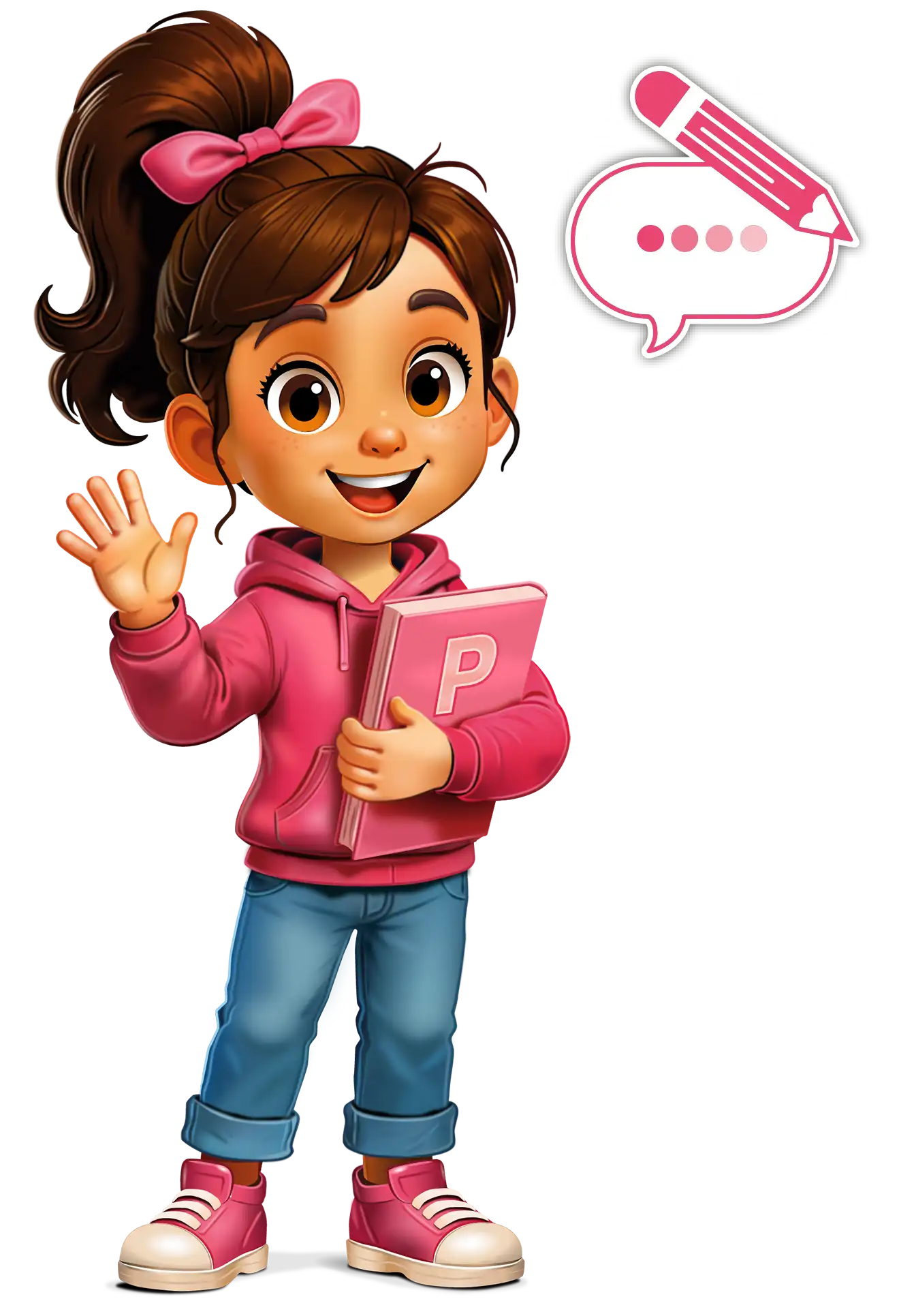 Figur Paula von Kidsworld winkt mit Buch, Stift und Sprechblase Figur Paula von Pierraa Kidsworld winkt, mit einem Buch, einem Stift und einer Sprechblase.