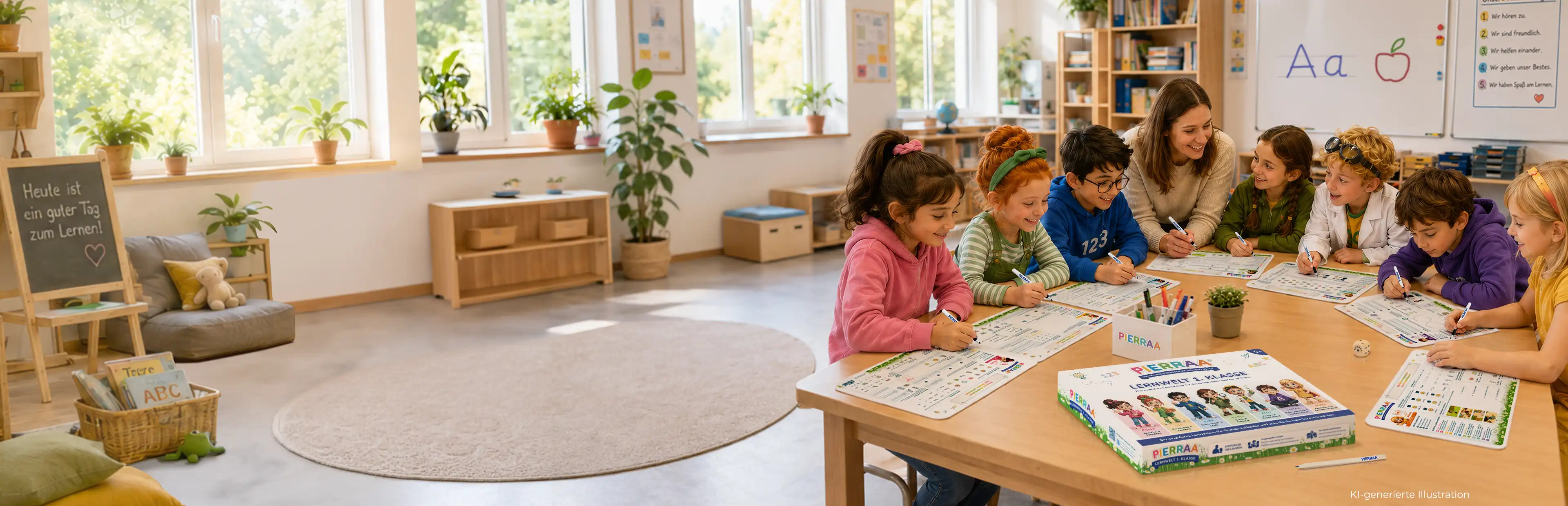 Lehrerin und Schüler beim Bearbeiten der Lernboards Lehrerin und Schüler der Grundschule arbeiten gemeinsam mit den Pierraa Lernmaterialien.