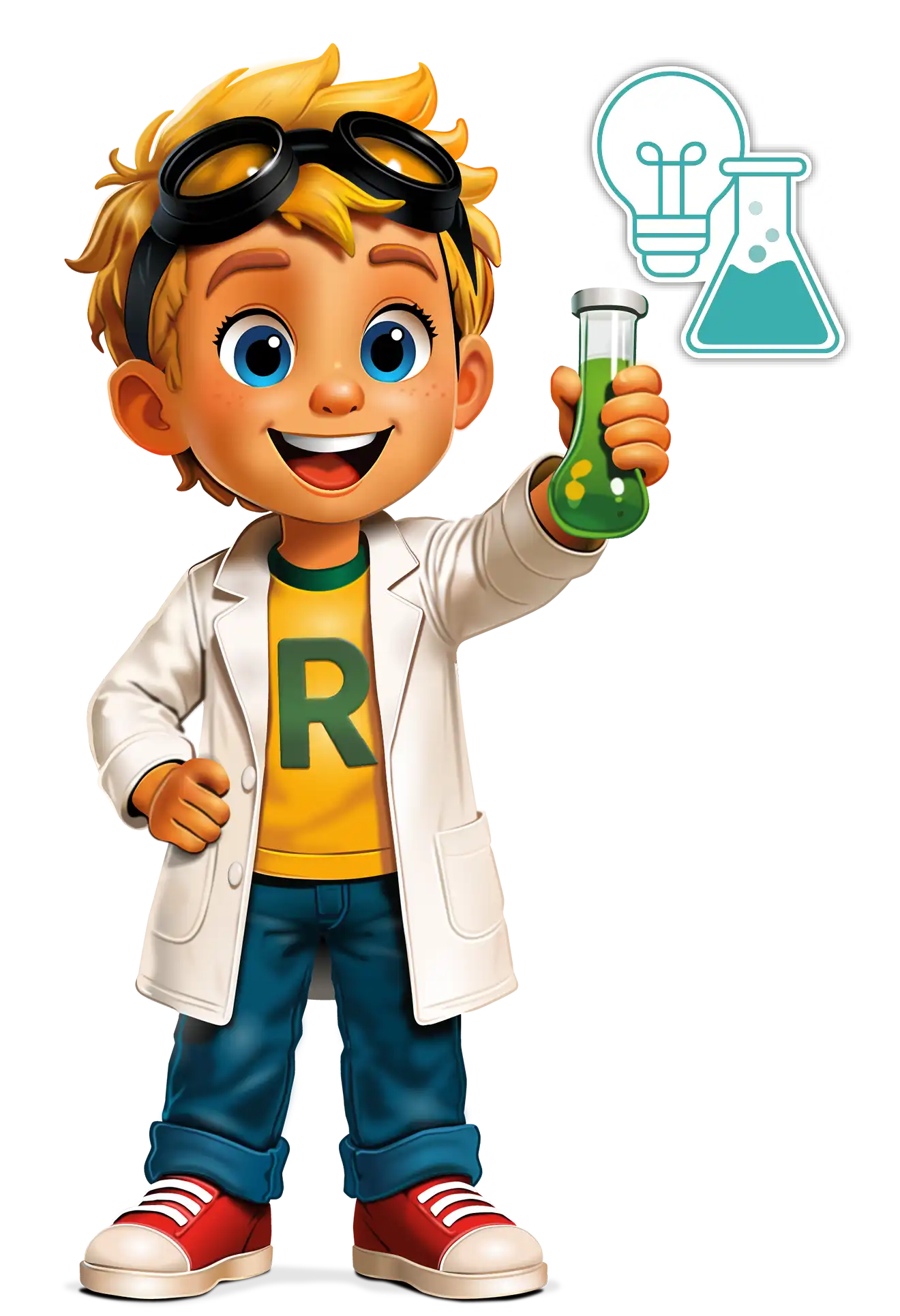 Figur Rico von Kidsworld mit Reagenzglas und passendem Glübirnen Piktogramm Figur Rico von Kidsworld mit Reagenzglas und passendem Glübirnen Piktogramm